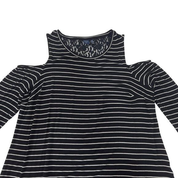 Kaari Blue Womens 2X Cold Shoulder Black Striped Top Lace Hem Long Sleeve - Picture 10 of 11